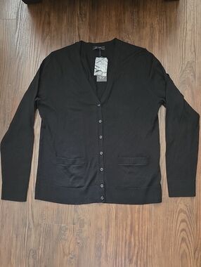 NWT Lord & Taylor Black Extra Fine Merino Wool Cardigan Sweater In Size Large